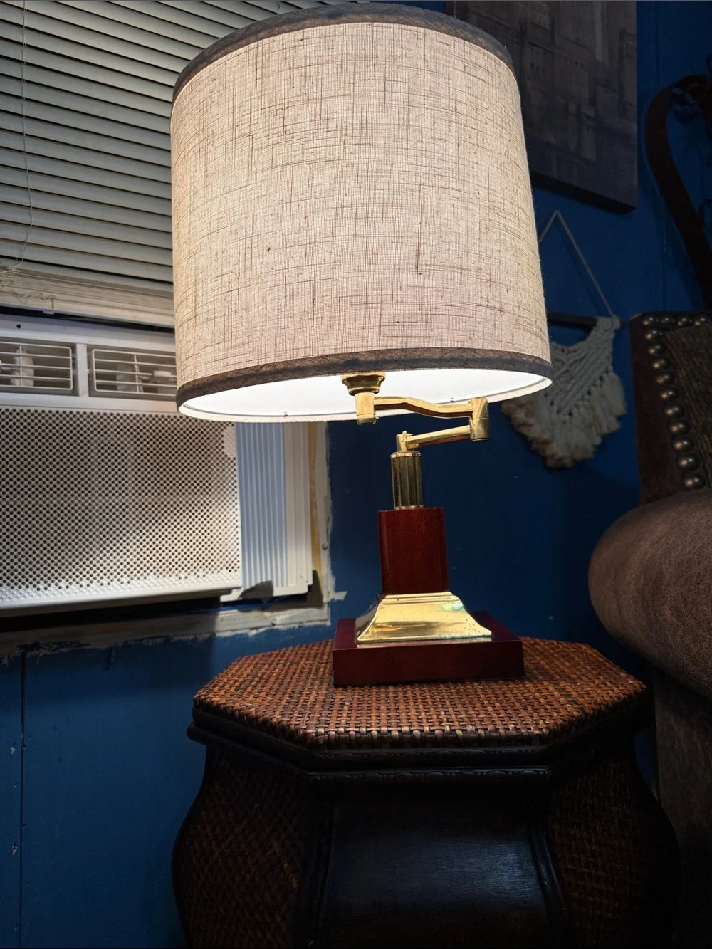 Classic Cream Shade Table Lamp with Brass Accents vintage banker lamp 1970s